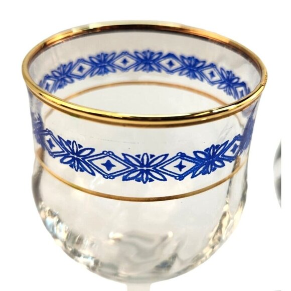 Steamed Wine Glasses Blue Floral Diamond & Gold Rim Design, Swirl Glass - Picture 2 of 10